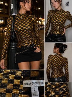 NWOT Urban Outfitters Gold Black Checkerboard Ruched Mesh Top Y2K Small
